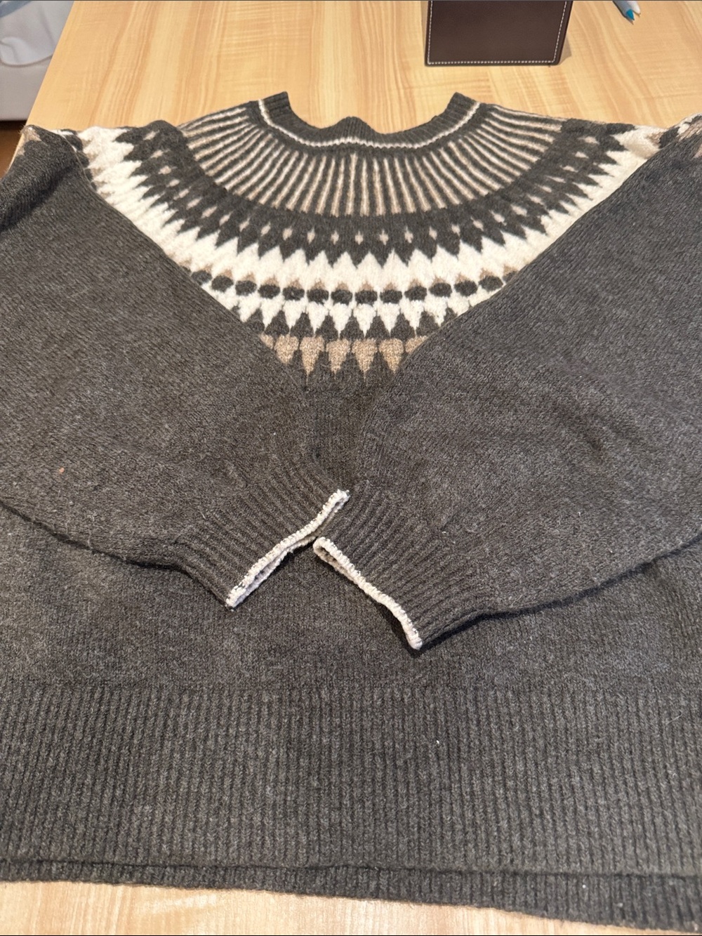 Fifteen Twenty Gray Fair Isle Scoop Neck Sweater with Cream & Tan Accents